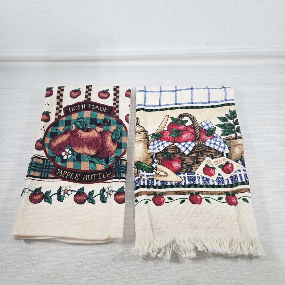 Vtg Apple Kitchen Towel Set Homemade Apple Butter Harvest Plaid Cotton 2pc READ